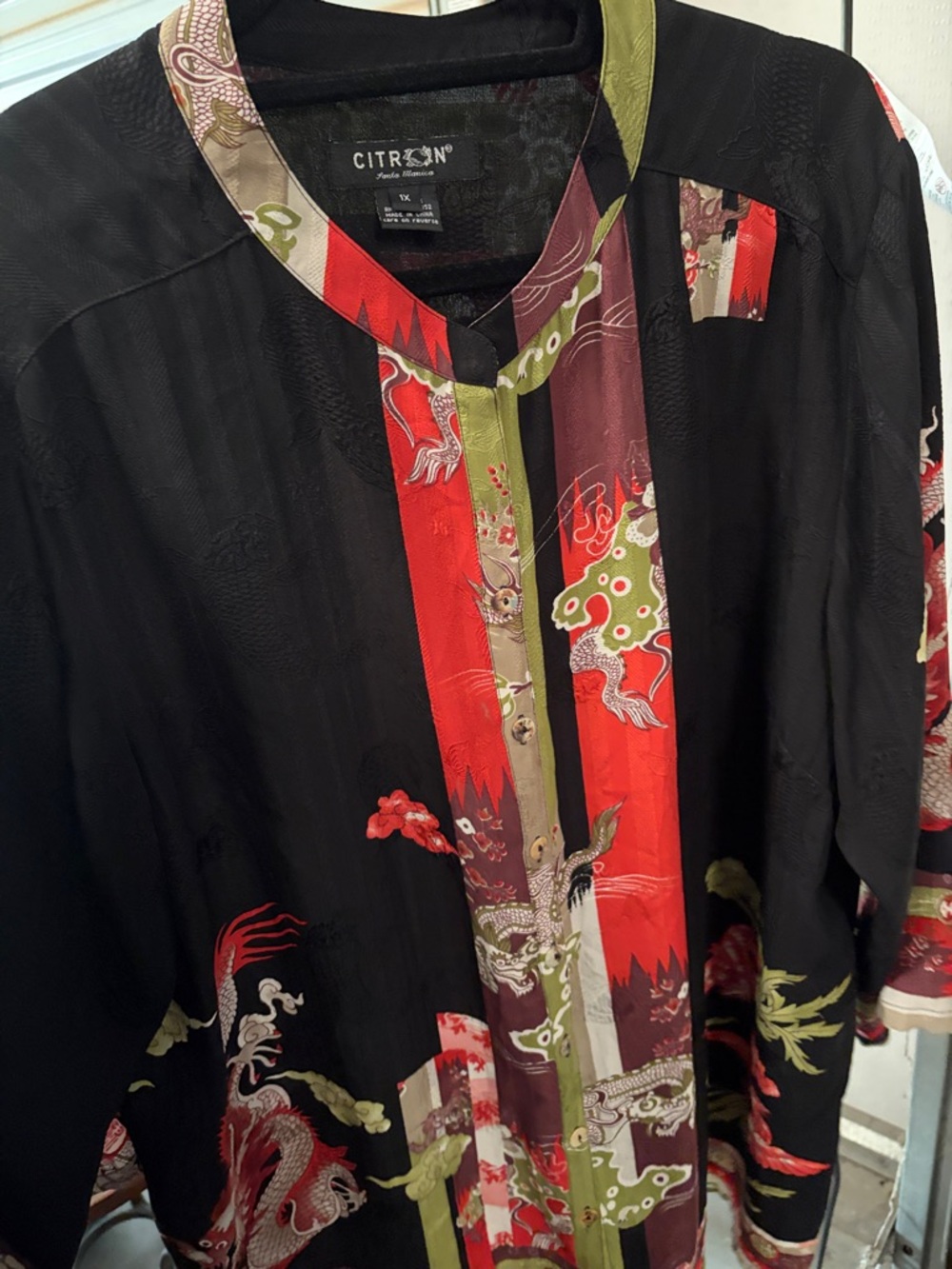 Citron Black Tunic 100% Silk with Red and Olive Dragon Accent